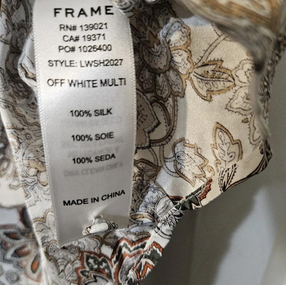 FRAME '70s Ruffle Silk Top in Off White Multi - Picture 3 of 9